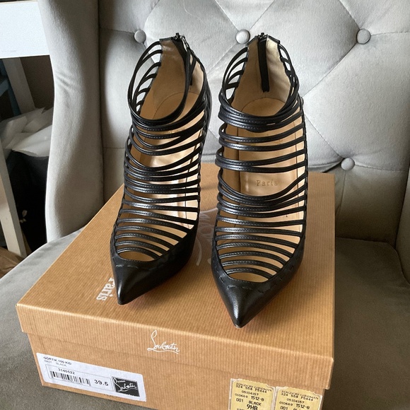 Christian Louboutin Black Leather Gortik 100 Booties Size 39.5 Caged Pump Kid - Picture 1 of 15